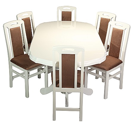 Set masa living extensibila SB Nork, MDF Furniruit, structura lemn masiv, 8 persoane, 198-160x90x74 cm si 6 scaune, tapiterie stofa, lacuit, 120 kg, alb/maro [1]