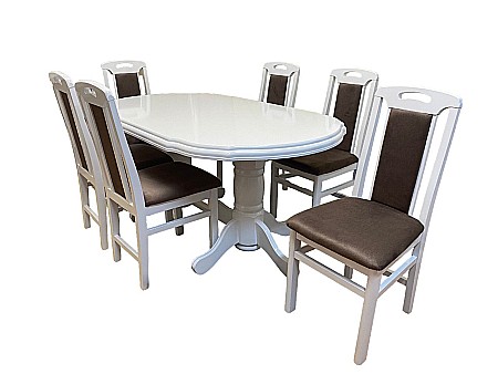 Set masa living extensibila SB Nork, MDF Furniruit, structura lemn masiv, 8 persoane, 198-160x90x74 cm si 6 scaune, tapiterie stofa, lacuit, 120 kg, alb/maro [2]