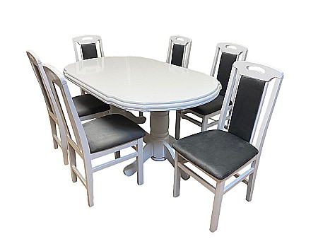 Set masa living extensibila SB Nork, MDF Furniruit, structura lemn masiv, 8 persoane, 198-160x90x74 cm si 6 scaune, tapiterie stofa, lacuit, 120 kg, alb/gri [2]