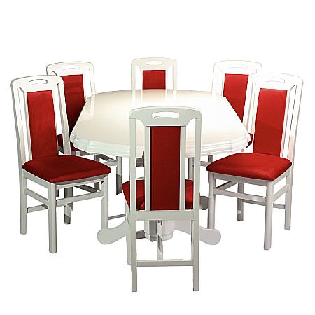 Set masa living extensibila SB Nork, MDF Furniruit, structura lemn masiv, 8 persoane, 198-160x90x74 cm si 6 scaune, tapiterie stofa, lacuit, 120 kg, alb/rosu [1]