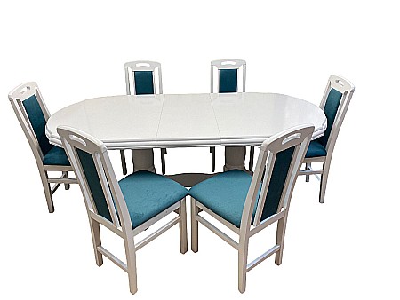 Set masa living extensibila SB Nork, MDF Furniruit, structura lemn masiv, 8 persoane, 198-160x90x74 cm si 6 scaune, tapiterie stofa, lacuit, 120 kg, alb/turcoaz [3]