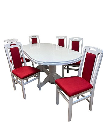 Set masa living extensibila SB Nork, MDF Furniruit, structura lemn masiv, 8 persoane, 198-160x90x74 cm si 6 scaune, tapiterie stofa, lacuit, 120 kg, alb/rosu [2]