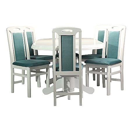 Set masa living extensibila SB Nork, MDF Furniruit, structura lemn masiv, 8 persoane, 198-160x90x74 cm si 6 scaune, tapiterie stofa, lacuit, 120 kg, alb/turcoaz [1]