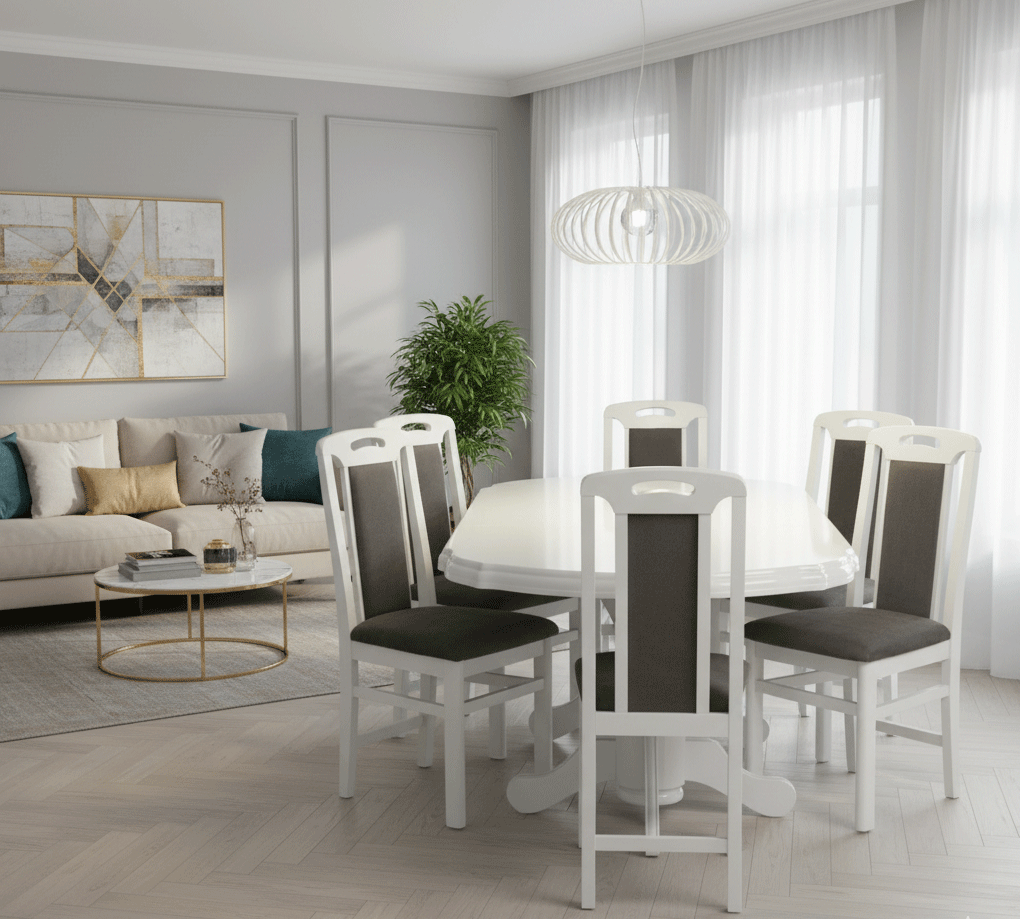 Set masa living extensibila SB Nork, MDF Furniruit, structura lemn masiv, 8 persoane, 198-160x90x74 cm si 6 scaune, tapiterie stofa, lacuit, 120 kg, alb/gri