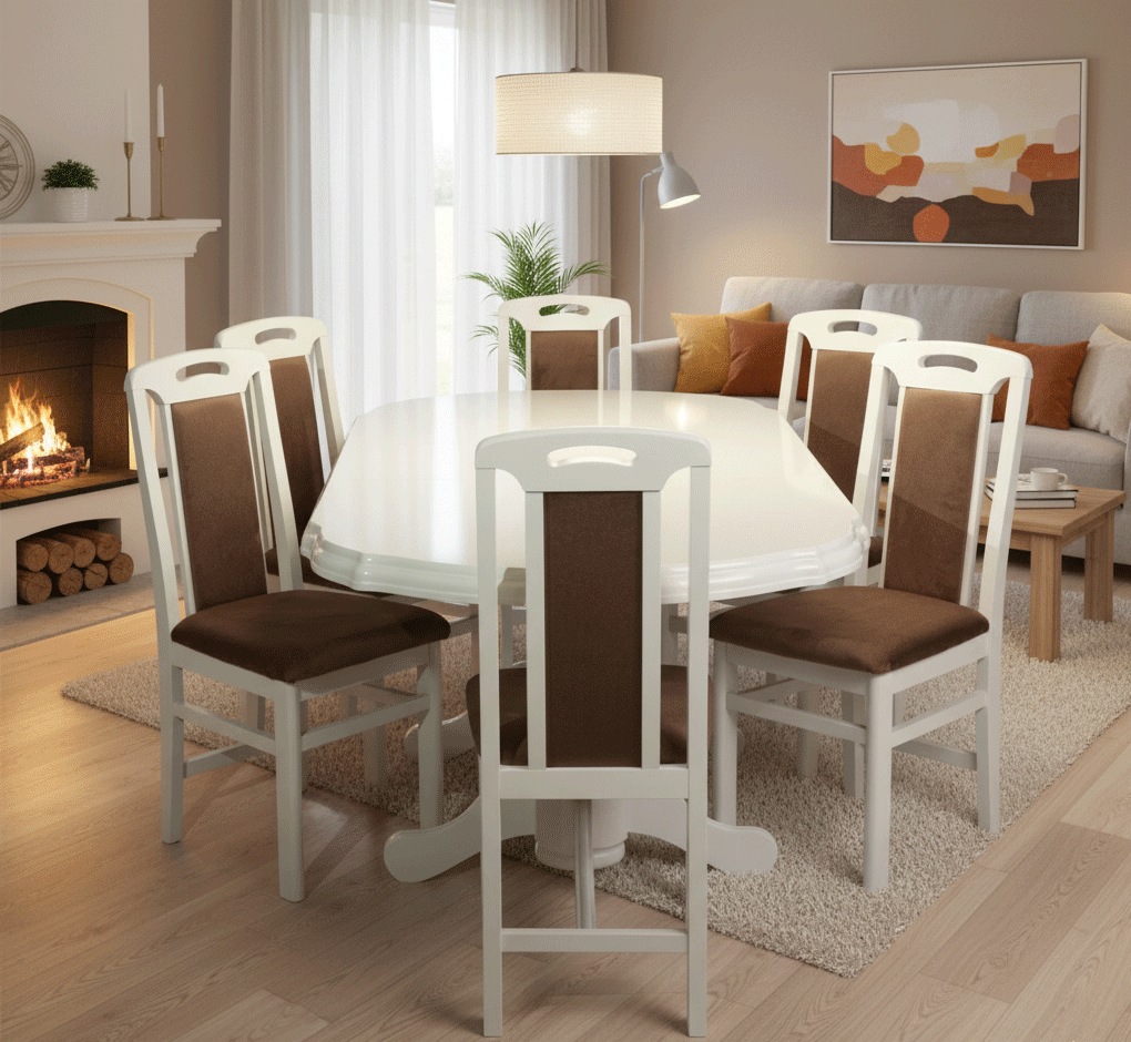 Produse - Set masa living extensibila SB Nork, MDF Furniruit, structura lemn masiv, 8 persoane, 198-160x90x74 cm si 6 scaune, tapiterie stofa, lacuit, 120 kg, alb/maro