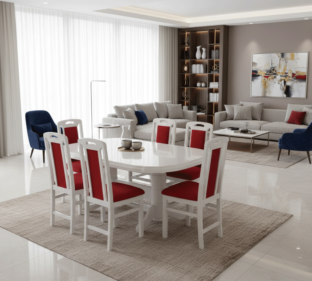 Produse - Set masa living extensibila SB Nork, MDF Furniruit, structura lemn masiv, 8 persoane, 198-160x90x74 cm si 6 scaune, tapiterie stofa, lacuit, 120 kg, alb/rosu