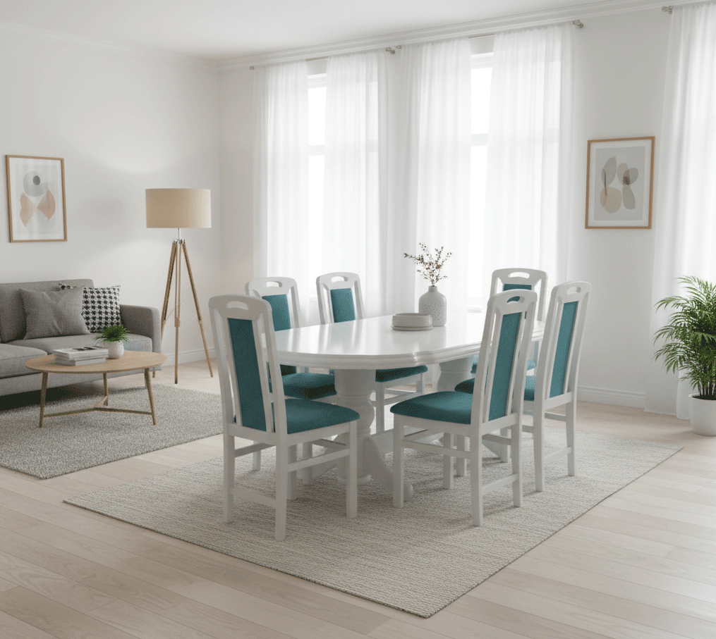 Produse - Set masa living extensibila SB Nork, MDF Furniruit, structura lemn masiv, 8 persoane, 198-160x90x74 cm si 6 scaune, tapiterie stofa, lacuit, 120 kg, alb/turcoaz