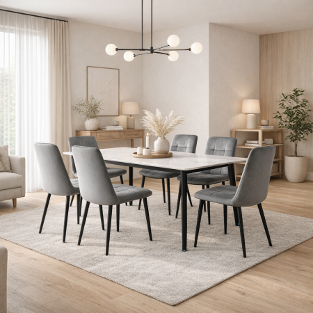 Mese cu scaune - Set masa living Lineo FDT1, blat ceramica, structura metalica, 140x80x75 cm, alb/gri si 6 scaune Rizea FDC4, tapiterie catifea, 90 kg, gri