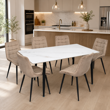 Mese cu scaune - Set masa living Lineo FDT1, blat ceramica, structura metalica, 140x80x75 cm, alb/maro si 6 scaune Gloria FDC20, tapiterie catifea, 90 kg, bej