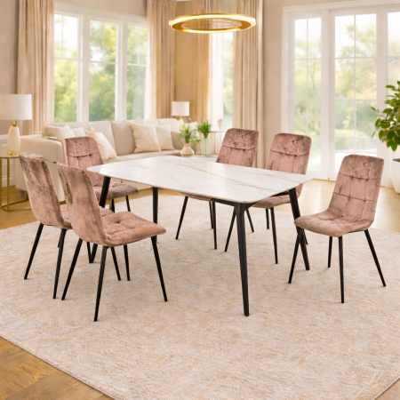 Mese cu scaune - Set masa living Lineo FDT1, blat ceramica, structura metalica, 140x80x75 cm, alb/maro si 6 scaune Rizea FDC4, tapiterie catifea, 90 kg, bej