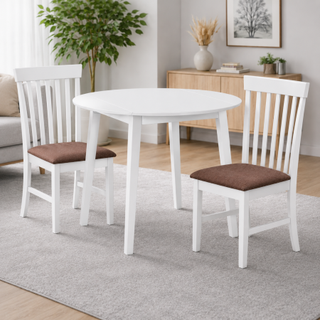 Produse in stoc - Set masa living plianta Philadelphia, MDF, lemn masiv, rotunda, 55/90 x 90 x 74,8 cm si 2 scaune Glendale, stofa,100 kg, 93x49x41.5 cm, alb/maro