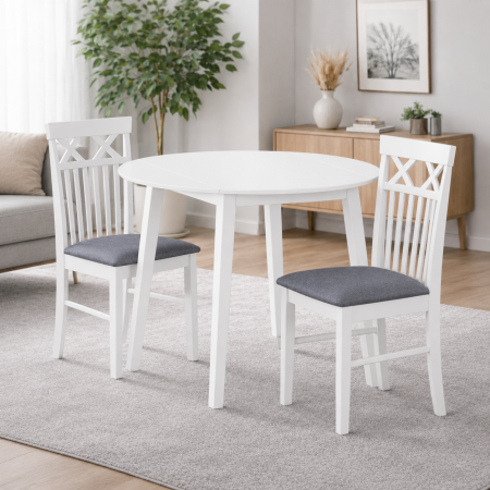 Produse in stoc - Set masa living plianta Philadelphia, MDF, lemn masiv, rotunda, 55/90 x 90 x 74,8 cm si 2 scaune Rebecca, tapiterie stofa,100 kg, 94x49x43.5 cm, alb/gri