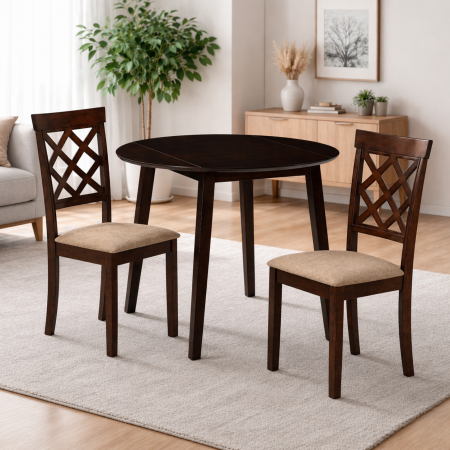 Seturi mese si scaune bucatarie - Set masa living plianta Philadelphia, MDF, lemn masiv, rotunda, 55/90 x 90 x 74,8 cm si 2 scaune Vienna, tapiterie stofa, 94x49x40 cm, nuc