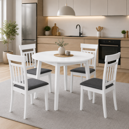 Seturi mese si scaune bucatarie - Set masa living plianta Philadelphia, MDF, lemn masiv, rotunda, 55/90 x 90 x 74,8 cm si 4 scaune Hudson, tapiterie stofa,94x50x42 cm, alb/gri