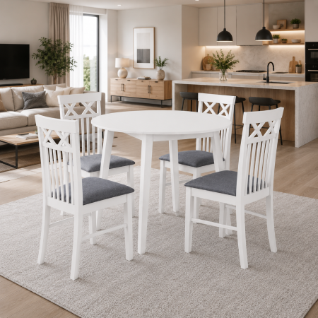 Produse in stoc - Set masa living plianta Philadelphia, MDF, lemn masiv, rotunda, 55/90 x 90 x 74,8 cm si 4 scaune Rebecca, tapiterie stofa,100 kg, 94x49x43.5 cm, alb/gri