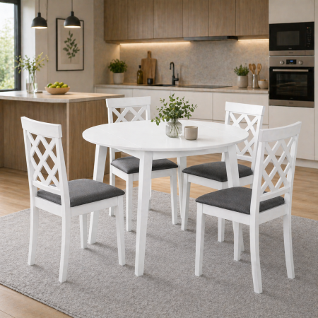 Produse in stoc - Set masa living plianta Philadelphia, MDF, lemn masiv, rotunda, 55/90 x 90 x 74,8 cm si 4 scaune Vienna, tapiterie stofa, 94x49x40 cm, alb