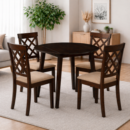 Seturi mese si scaune bucatarie - Set masa living plianta Philadelphia, MDF, lemn masiv, rotunda, 55/90 x 90 x 74,8 cm si 4 scaune Vienna, tapiterie stofa, 94x49x40 cm, nuc