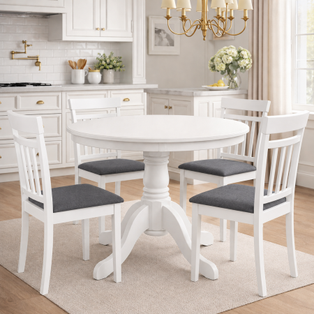 Produse - Set masa living rotunda Montreal, lemn masiv, MDF, 90x73.8 cm si 4 scaune lemn masiv Hudson, tapiterie stofa,100 kg, 94x50x42 cm, alb/gri