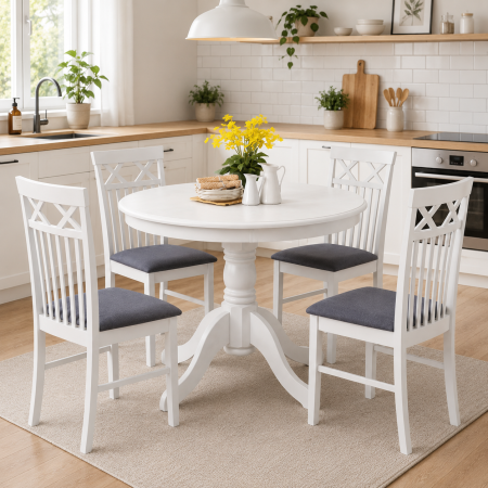 Produse - Set masa living rotunda Montreal, lemn masiv, MDF, 90x73.8 cm si 4 scaune Rebecca, tapiterie stofa,100 kg, 94x49x43.5 cm, alb/gri