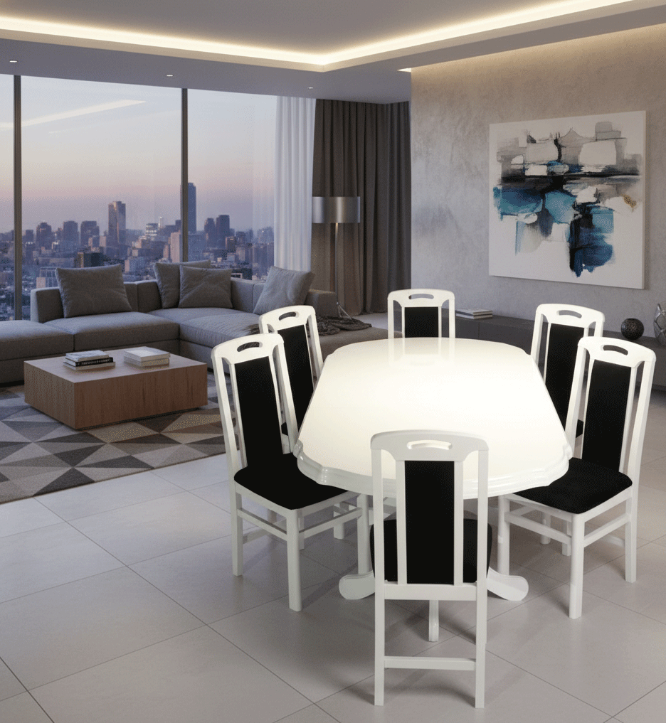 Set masa living SB Nork plus 6 scaune SB Tim alb/negru
