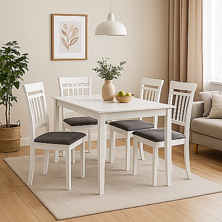 Produse in stoc - Set masa living si bucatarie Bali, MDF, 112x72x74 cm si 4 scaune Hudson, lemn masiv, tapiterie stofa, 100 kg, alb