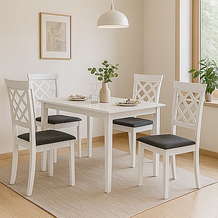 Seturi mese si scaune - Set masa living si bucatarie Bali, MDF, 112x72x74 cm si 4 scaune Vienna, lemn masiv, tapiterie stofa, 100 kg, alb