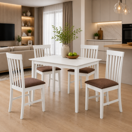 Mese cu scaune - Set masa living si bucatarie Bali, MDF, 112x72x74 cm si 4 scaune Glendale, stofa,100 kg, 93x49x41.5 cm, alb/maro