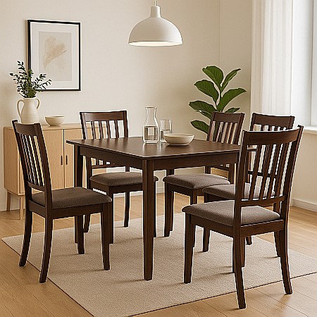 Seturi mese si scaune - Set masa living si bucatarie Bali, MDF Furniruit, 112x72x74 cm si 4 scaune Hudson, lemn masiv, tapiterie stofa,100 kg, nuc