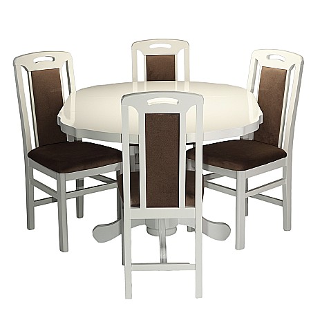 Set masa living si bucatarie extensibila SB Fan, MDF Furniruit, 100-133,5x99x74 cm si 4 scaune SB Tim, lemn masiv, tapiterie stofa, lacuit, 120 kg, alb/maro [2]