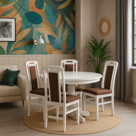 Set masa living si bucatarie extensibila SB Fan, MDF Furniruit, 100-133,5x99x74 cm si 4 scaune SB Tim, lemn masiv, tapiterie stofa, lacuit, 120 kg, alb/maro [1]