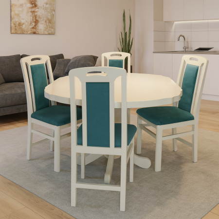 Produse - Set masa living si bucatarie extensibila SB Fan, MDF Furniruit, 100-133,5x99x74 cm si 4 scaune SB Tim, lemn masiv, tapiterie stofa, lacuit, 120 kg, alb/turcoaz