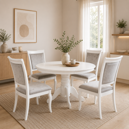 Produse - Set masa living si bucatarie KL Livia, MDF Furniruit, structura lemn masiv si 4 scaune AB Albert, stofa,120 kg, 96x42x40 cm, alb/gri
