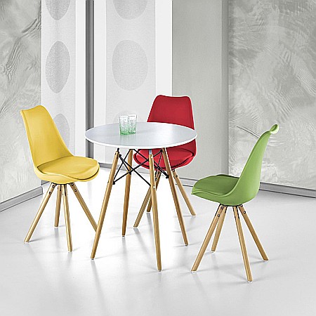 Set masa pentru bucatarie si living HM Prometheus, blat MDF lacuit, rotunda, 80x75 cm si 4 scaune HM K201, cadru lemn, polipropilena, sezut cu piele ecologica, 100 kg [1]