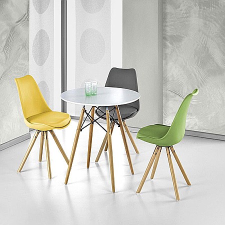 Mese - Set masa pentru bucatarie si living HM Prometheus, blat MDF lacuit, rotunda, 80x75 cm si 4 scaune HM K201, cadru lemn, polipropilena, sezut cu piele ecologica, 100 kg