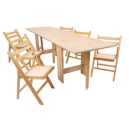 Produse in stoc - Set masa plianta 12 persoane, Pal Melaminat, insertii lemn masiv, 274x75x78 cm si 6 scaune pliante, tapiterie piele ecologica, stejar sonoma