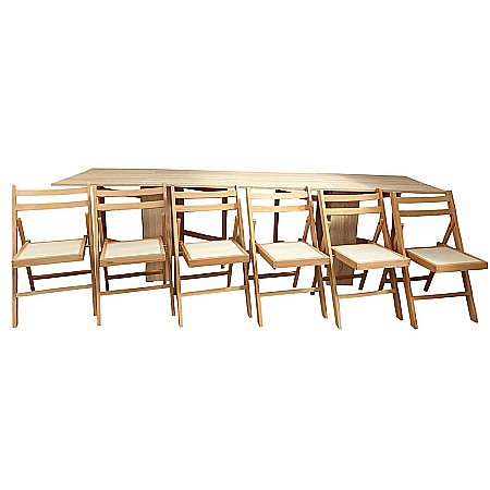Set masa plianta 12 persoane, Pal Melaminat, insertii lemn masiv, 274x75x78 cm si 6 scaune pliante, tapiterie piele ecologica, stejar sonoma [1]
