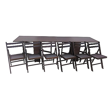 Set masa plianta 12 persoane, Pal Melaminat, insertii lemn masiv, 274x75x78 cm si 6 scaune pliante, tapiterie piele ecologica, wenge [1]