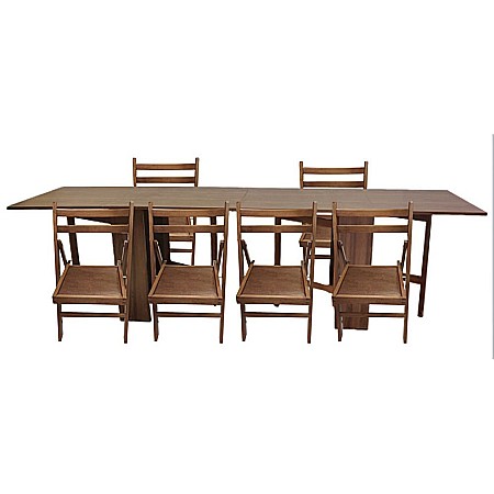 Set masa plianta 12 persoane, Pal Melaminat, insertii lemn masiv, 274x75x78 cm si 6 scaune pliante, tapiterie piele ecologica, stejar sonoma [1]