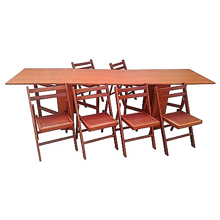 Set masa plianta 12 persoane, Pal Melaminat, insertii lemn masiv, 274x75x78 cm si 6 scaune pliante, tapiterie piele ecologica, cires [1]