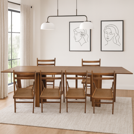 Seturi mese si scaune - Set masa plianta 12 persoane, Pal Melaminat, insertii lemn masiv, 274x75x78 cm si 6 scaune pliante, tapiterie piele ecologica, nuc