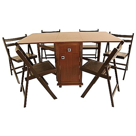 Mese cu scaune - Set masa plianta cu spatiu depozitare, usa si sertar, Pal Melaminat, 160x96x80 cm si 6 scaune pliante lemn, tapitate cu piele ecologica, nuc