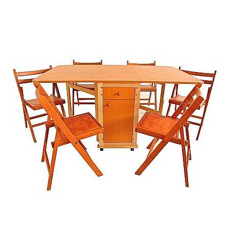 Mese cu scaune - Set masa plianta cu spatiu depozitare, usa si sertar, Pal Melaminat, 160x96x80 cm si 6 scaune pliante lemn, tapitate cu piele ecologica, nuc