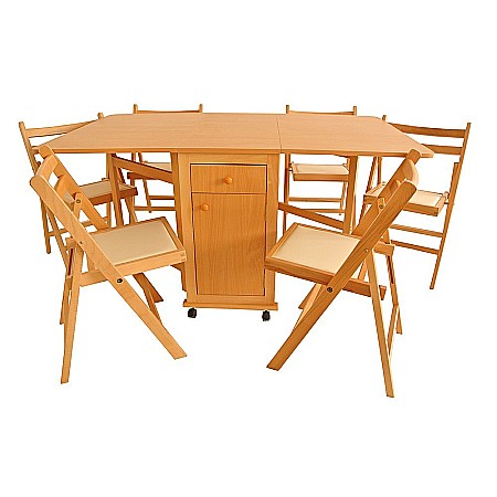 Mese cu scaune - Set masa plianta cu spatiu depozitare, usa si sertar, Pal Melaminat, 160x96x80 cm si 6 scaune pliante lemn, tapitate cu piele ecologica, cires