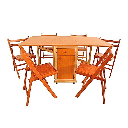 Set masa plianta cu spatiu depozitare, usa si sertar, Pal Melaminat, 160x96x80 cm si 6 scaune pliante lemn, tapitate cu piele ecologica, cires [1]