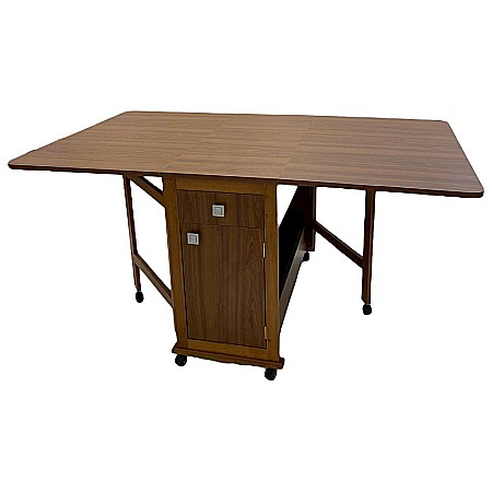 Set masa plianta cu spatiu depozitare, usa si sertar, Pal Melaminat, 160x96x80 cm si 6 scaune pliante lemn, tapitate cu piele ecologica, nuc [2]