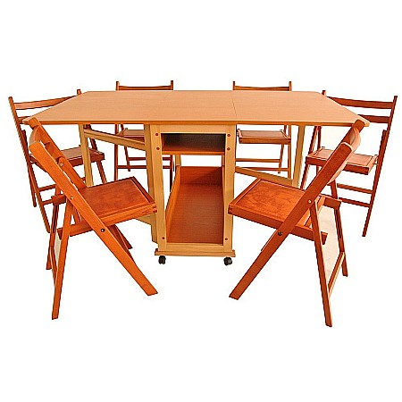 Mese cu scaune - Set masa plianta cu spatiu depozitare Util, pentru living si bucatarie, PAL, structura lemn masiv, cu role, 160x96x80 cm si 6 scaune pliante, tapitate, piele ecologica, fag