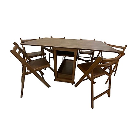 Mese cu scaune - Set masa plianta cu spatiu depozitare Util, pentru living si bucatarie, PAL, structura lemn masiv, cu role, 160x96x80 cm si 6 scaune pliante, tapitate, piele ecologica, wenge