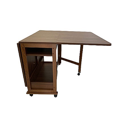 Set masa plianta cu spatiu depozitare Util, pentru living si bucatarie, PAL, structura lemn masiv, cu role, 160x96x80 cm si 6 scaune pliante, tapitate, piele ecologica, nuc [2]