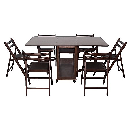 Set masa plianta cu spatiu depozitare Util, pentru living si bucatarie, PAL, structura lemn masiv, cu role, 160x96x80 cm si 6 scaune pliante, tapitate, piele ecologica, wenge [1]