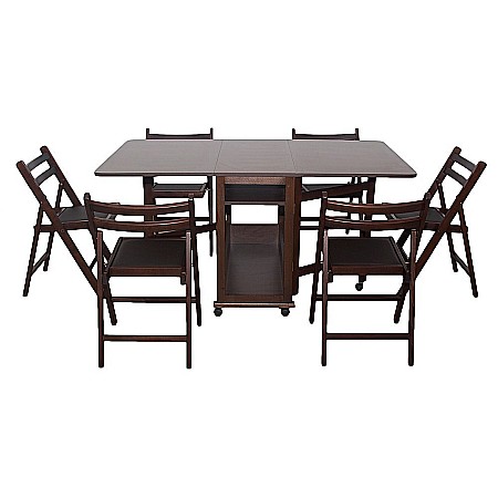 Mese cu scaune - Set masa plianta cu spatiu depozitare Util, pentru living si bucatarie, PAL, structura lemn masiv, cu role, 160x96x80 cm si 6 scaune pliante, tapitate, piele ecologica, cires